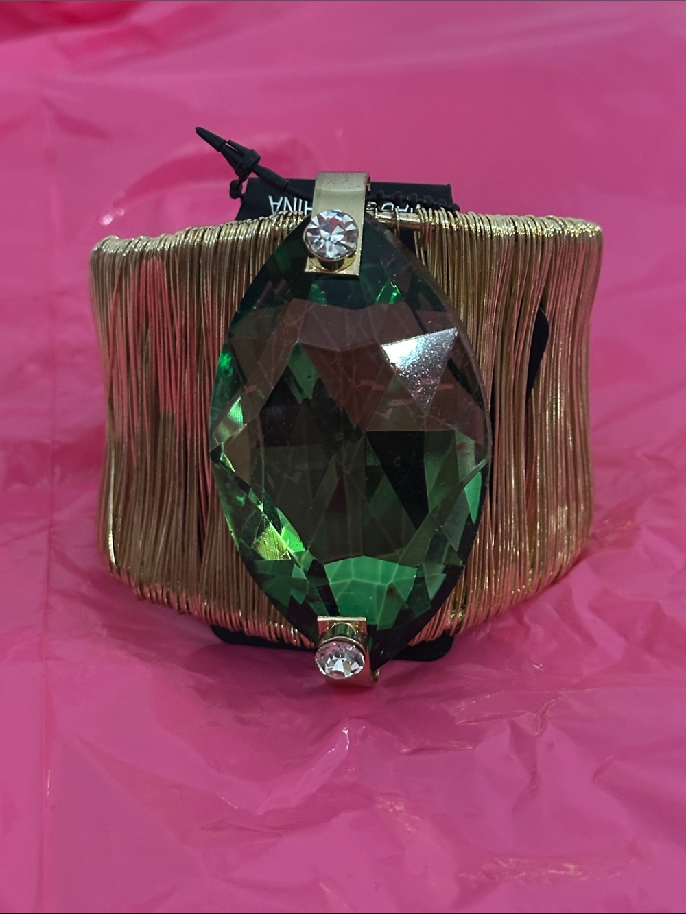 Gold Wire Cuff Bracelet with Green Faceted Crystal